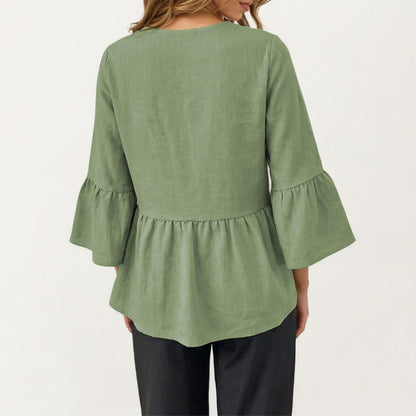 Anna-Kaci Women's V-Neck Bell Sleeve Peplum Blouse with Button Detail and Gathered Waist