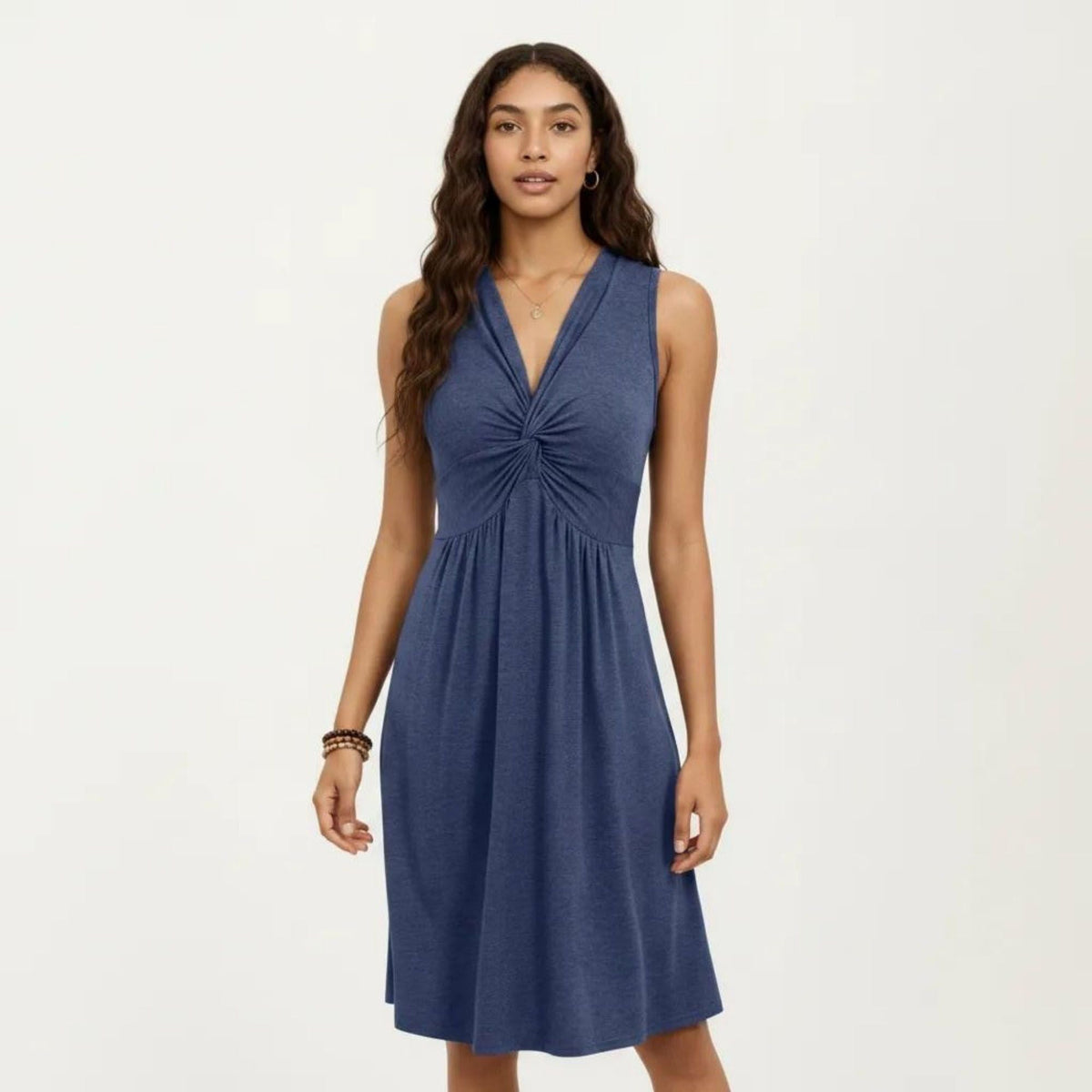Anna-Kaci Women's Sleeveless V Neck Midi Dress with Front Twist Detail and Flowy A Line Silhouette