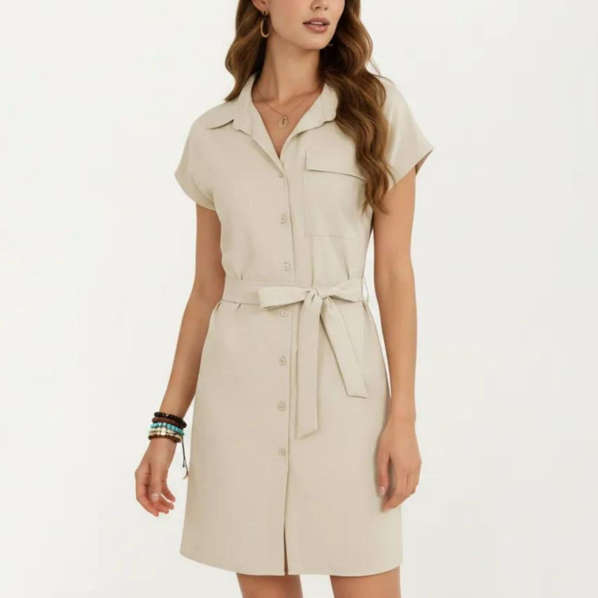 Anna-Kaci Women's Short Sleeve Button Front Shirt Dress with Collared Neckline and Adjustable Waist Tie