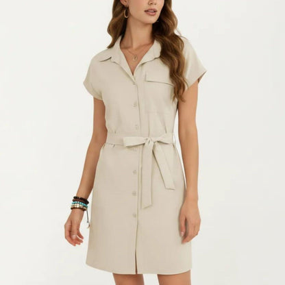 Anna-Kaci Women's Short Sleeve Button Front Shirt Dress with Collared Neckline and Adjustable Waist Tie