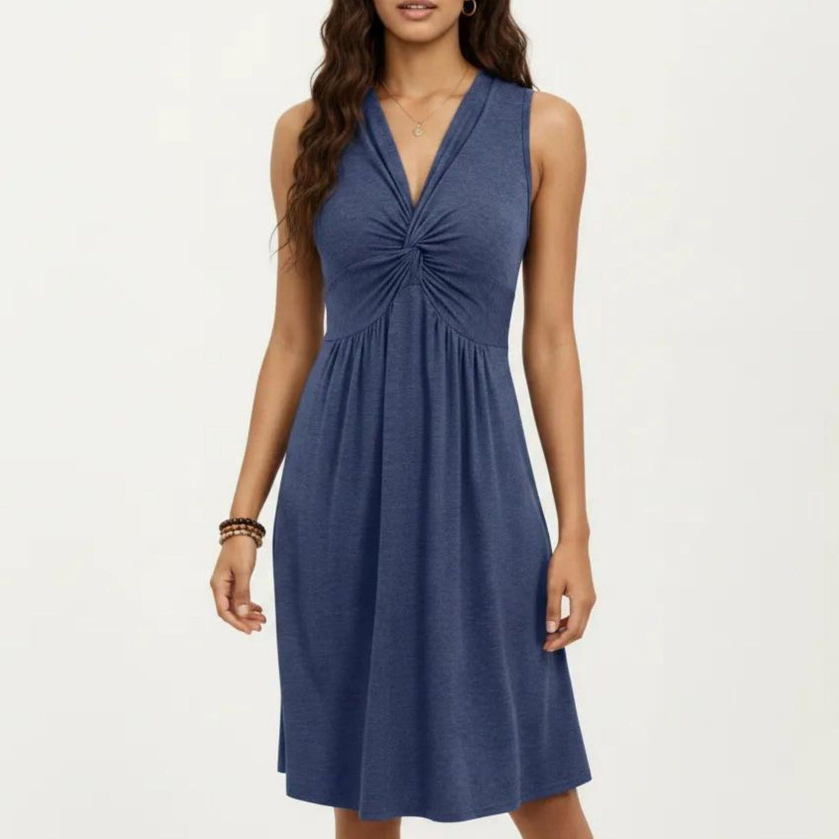 Anna-Kaci Women's Sleeveless V Neck Midi Dress with Front Twist Detail and Flowy A Line Silhouette