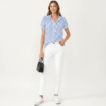 Anna-Kaci Women's Short Sleeve Striped Blouse with Ruffle Trim V Neck Puff Sleeve Lightweight Pullover Shirt