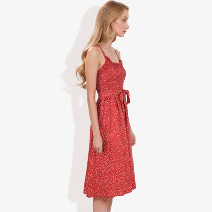 Anna-Kaci Women's Polka Dot Smocked Bodice  Dress with Button Front and Waist Tie