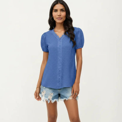 Anna-Kaci Women's Short Sleeve Swiss Dot Top with Lace Trim V-Neck and Puff Sleeves
