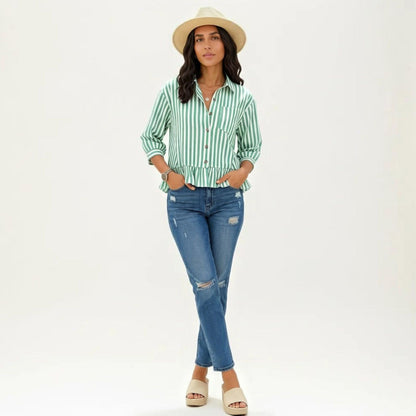Anna-Kaci Women's Striped Button Down Blouse with Collar Three Quarter Sleeve Peplum Hem Pocket Detail Casual Shirt