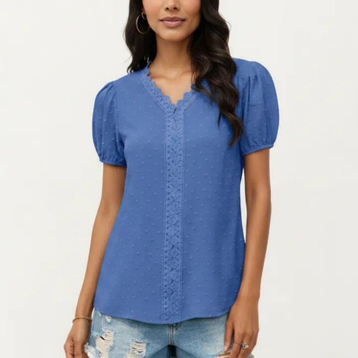 Anna-Kaci Women's Short Sleeve Swiss Dot Top with Lace Trim V-Neck and Puff Sleeves