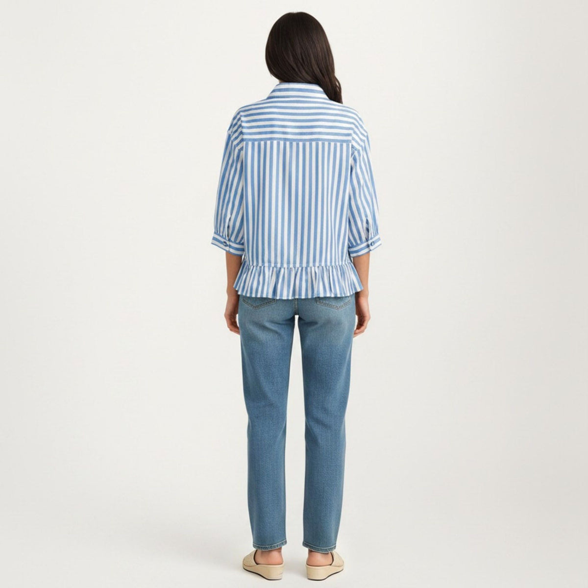 Anna-Kaci Women's Striped Button Down Blouse with Collar Three Quarter Sleeve Peplum Hem Pocket Detail Casual Shirt