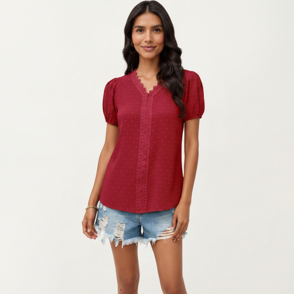 Anna-Kaci Women's Short Sleeve Swiss Dot Top with Lace Trim V-Neck and Puff Sleeves