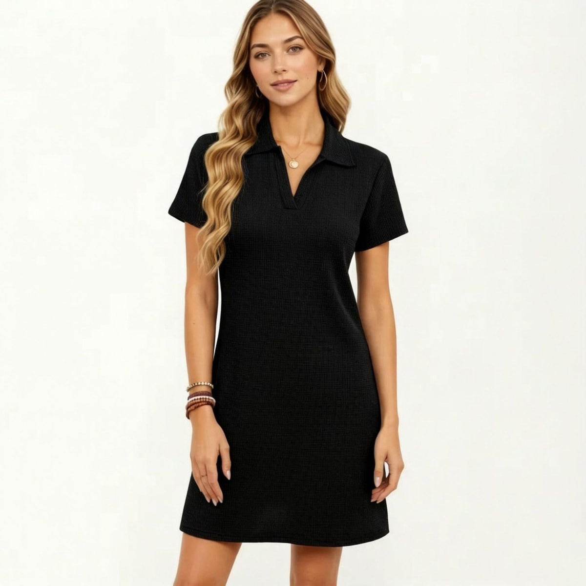 Anna-Kaci Women's Short Sleeve Collared Mini Dress with Split V Neck Textured Knit Relaxed Fit Casual Dress