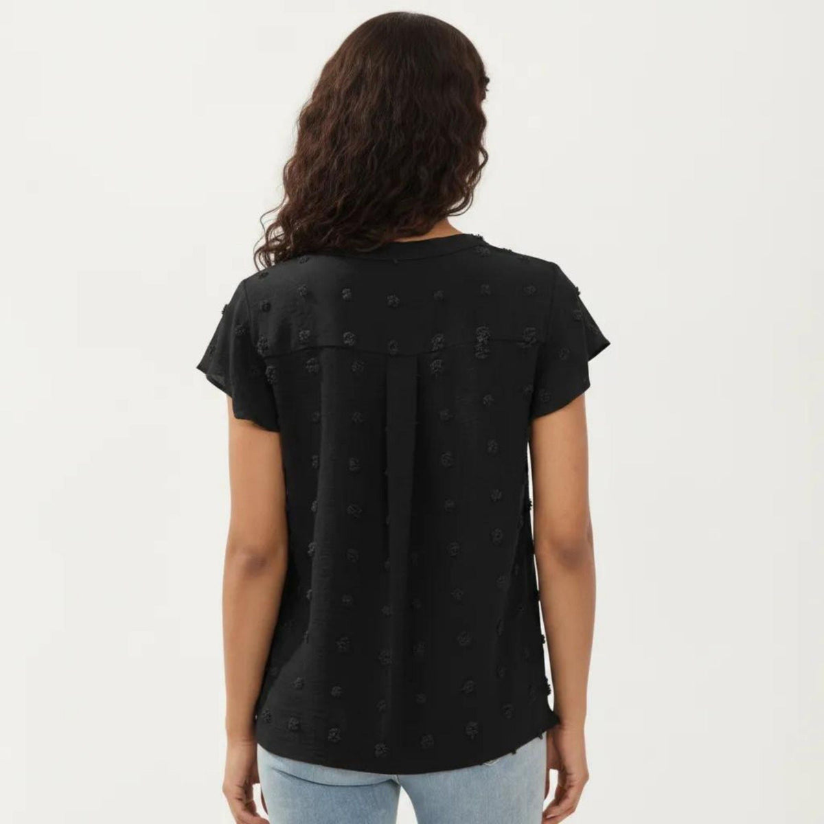 Anna-Kaci Women's Short Sleeve Swiss Dot Top with Split Neckline and Soft Textured Fabric