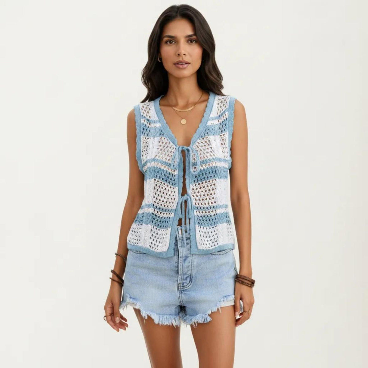Anna-Kaci Women's Sleeveless Striped Crochet Knit Vest with Tie Front and Open Stitch Design