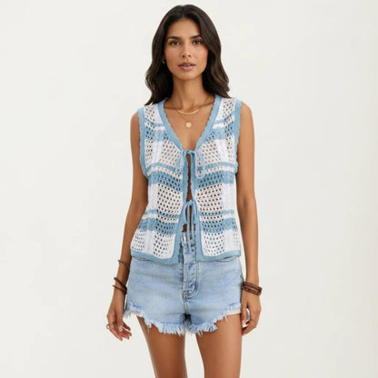 Anna-Kaci Women's Sleeveless Striped Crochet Knit Vest with Tie Front and Open Stitch Design