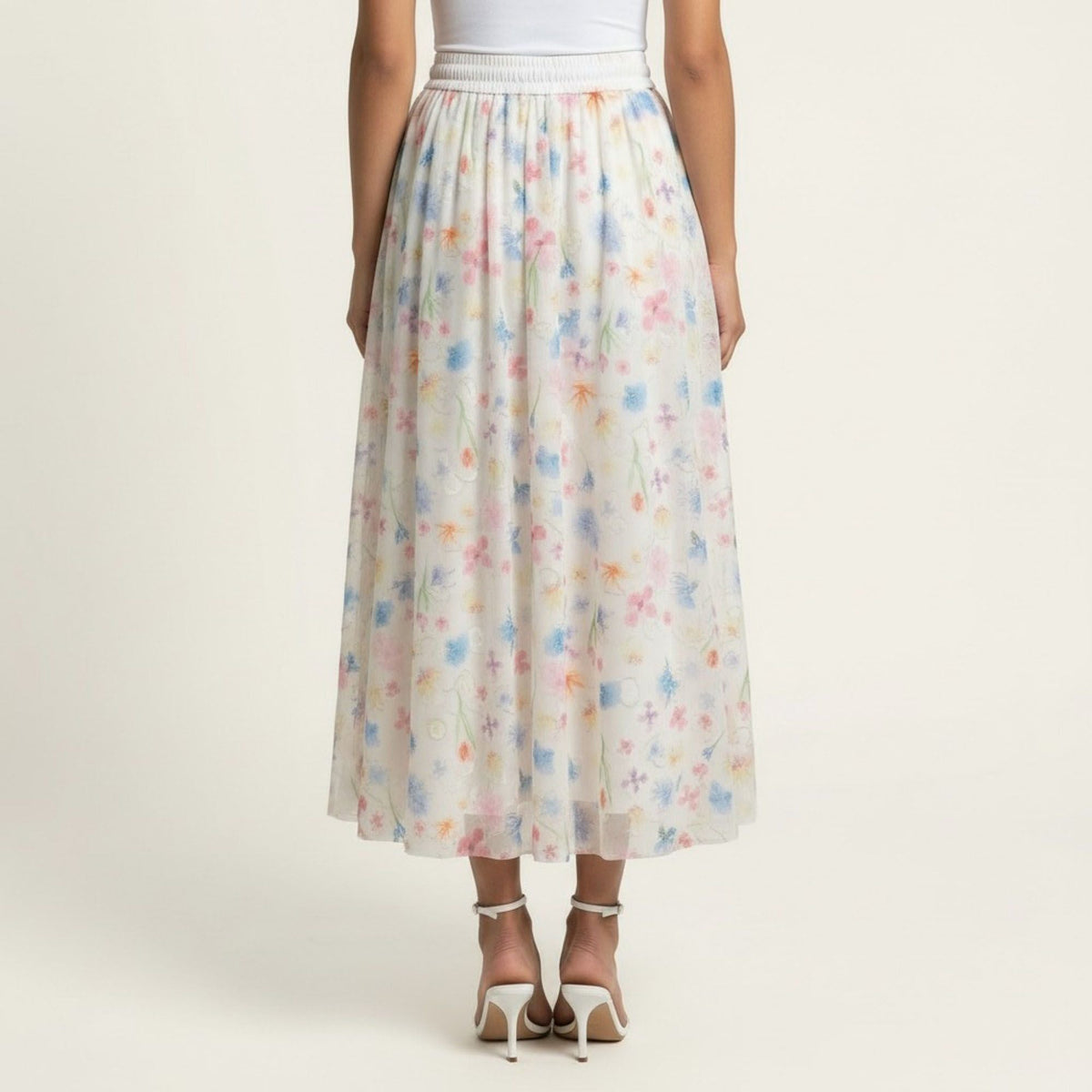 Anna-Kaci Women's Floral Midi Skirt Elastic Waist Flowy Lightweight Chiffon A Line Casual Skirt