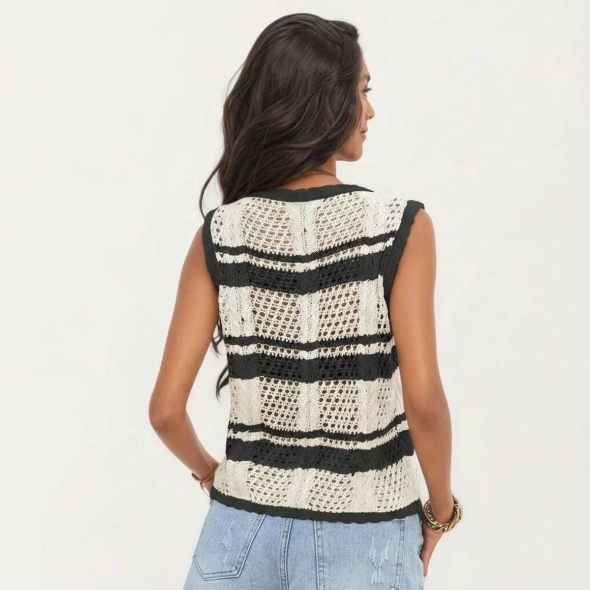 Anna-Kaci Women's Sleeveless Striped Crochet Knit Vest with Tie Front and Open Stitch Design