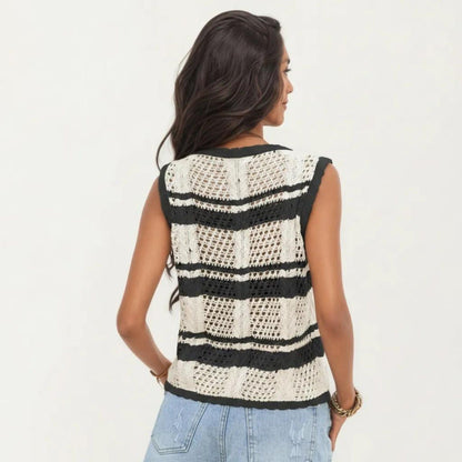Anna-Kaci Women's Sleeveless Striped Crochet Knit Vest with Tie Front and Open Stitch Design