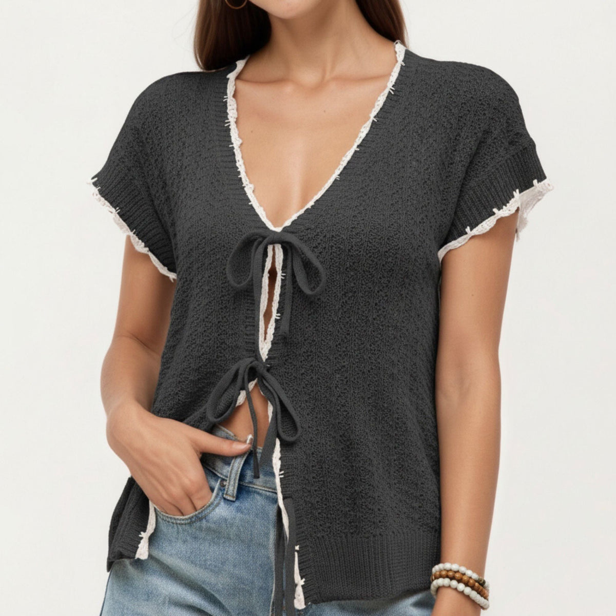 Anna-Kaci Women's Short Sleeve Knit Cardigan Top with V-Neck Tie Front and Contrast Trim