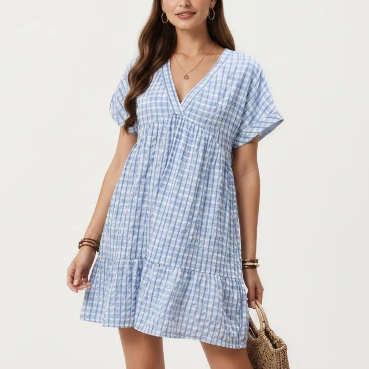 Anna-Kaci Women's Short Sleeve V Neck Plaid Mini Dress with Tiered Hem Loose Fit Casual Lightweight Summer Dress