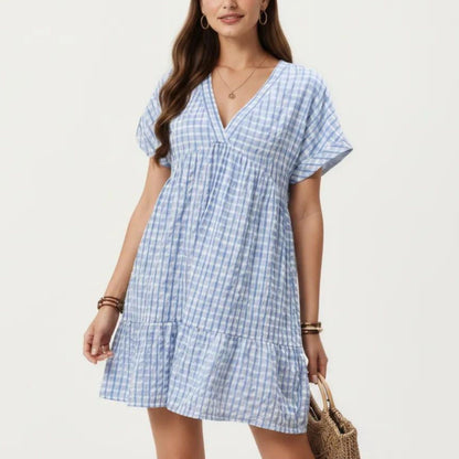 Anna-Kaci Women's Short Sleeve V Neck Plaid Mini Dress with Tiered Hem Loose Fit Casual Lightweight Summer Dress