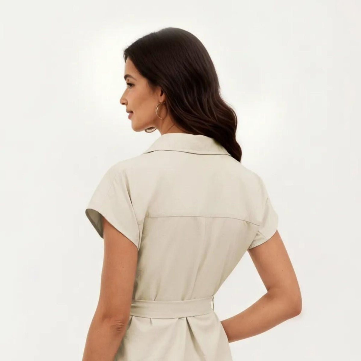 Anna-Kaci Women's Short Sleeve Button Front Shirt Dress with Collared Neckline and Adjustable Waist Tie