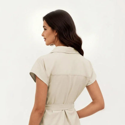 Anna-Kaci Women's Short Sleeve Button Front Shirt Dress with Collared Neckline and Adjustable Waist Tie
