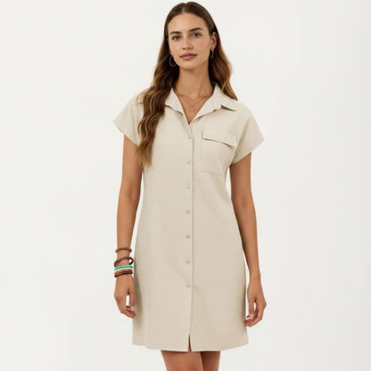 Anna-Kaci Women's Short Sleeve Button Front Shirt Dress with Collared Neckline and Adjustable Waist Tie