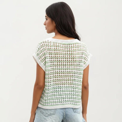 Anna-Kaci Women's Short Sleeve Striped Crochet Knit Top with Open Stitch Texture and Relaxed Fit