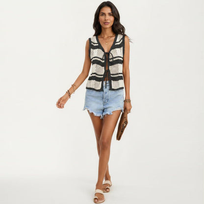 Anna-Kaci Women's Sleeveless Striped Crochet Knit Vest with Tie Front and Open Stitch Design