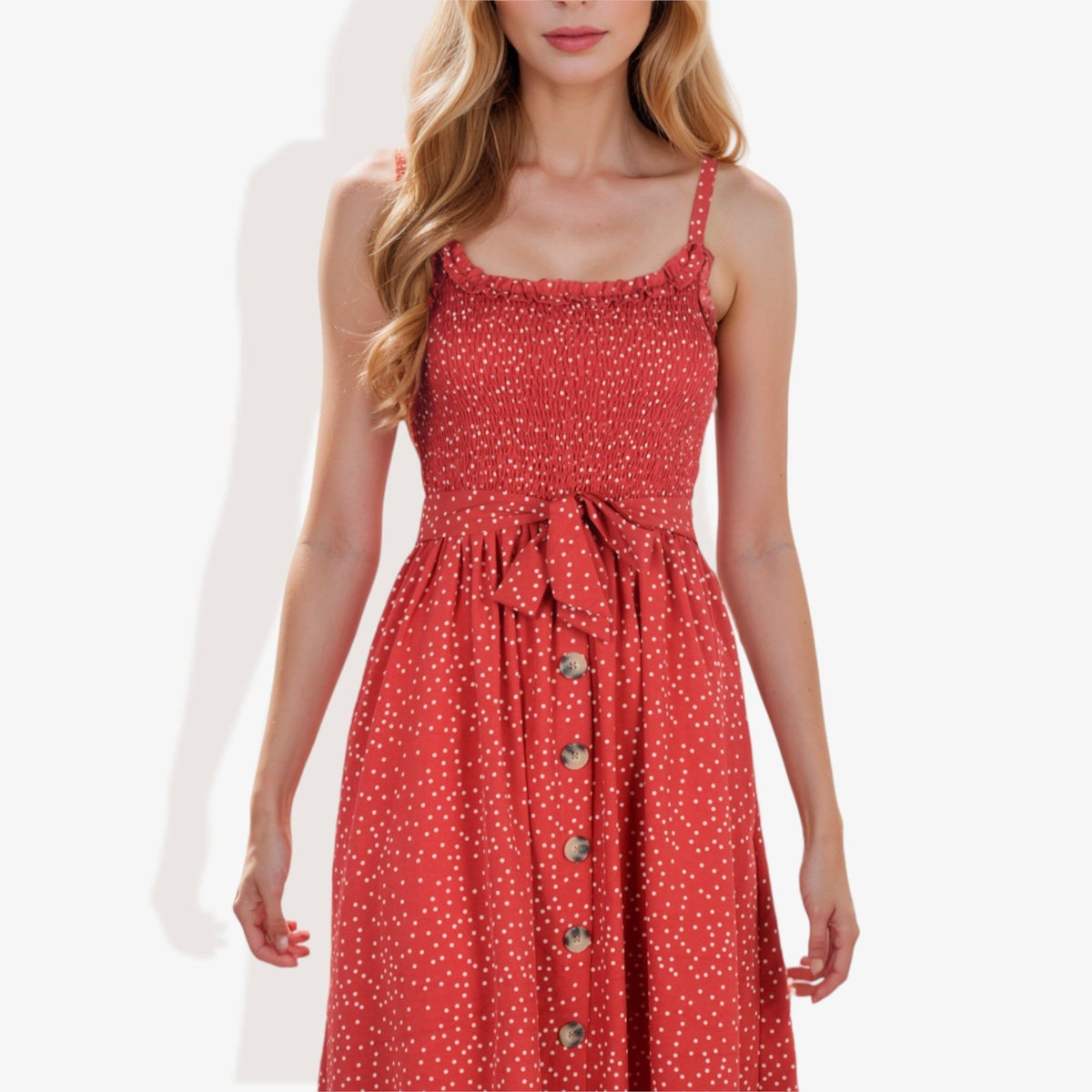 Anna-Kaci Women's Polka Dot Smocked Bodice  Dress with Button Front and Waist Tie