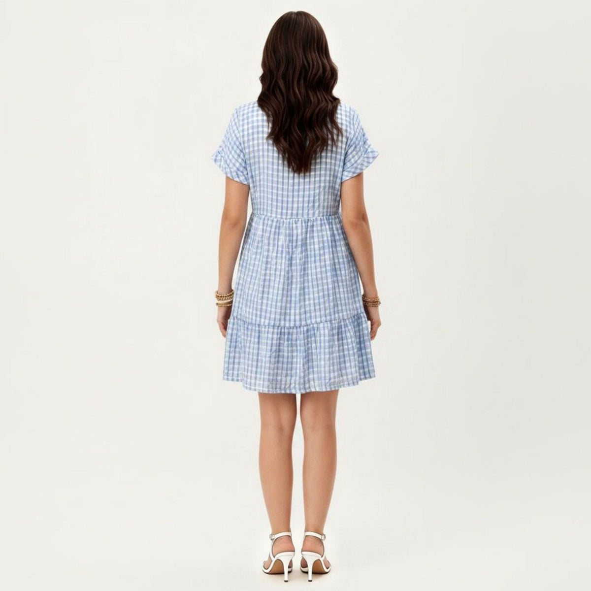 Anna-Kaci Women's Short Sleeve V Neck Plaid Mini Dress with Tiered Hem Loose Fit Casual Lightweight Summer Dress