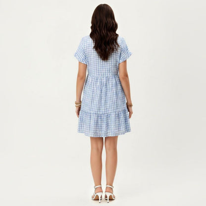 Anna-Kaci Women's Short Sleeve V Neck Plaid Mini Dress with Tiered Hem Loose Fit Casual Lightweight Summer Dress