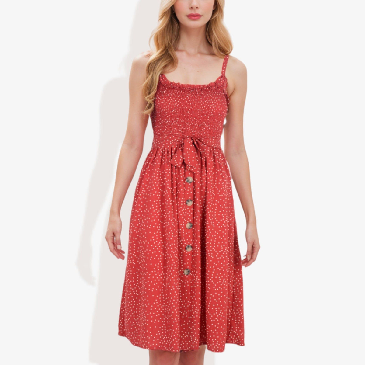 Anna-Kaci Women's Polka Dot Smocked Bodice  Dress with Button Front and Waist Tie