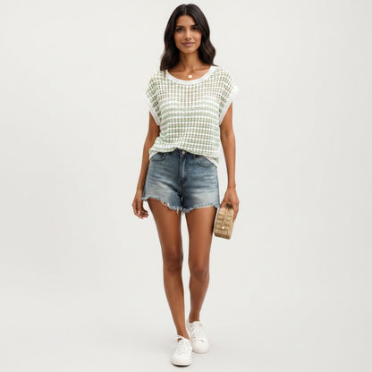 Anna-Kaci Women's Short Sleeve Striped Crochet Knit Top with Open Stitch Texture and Relaxed Fit