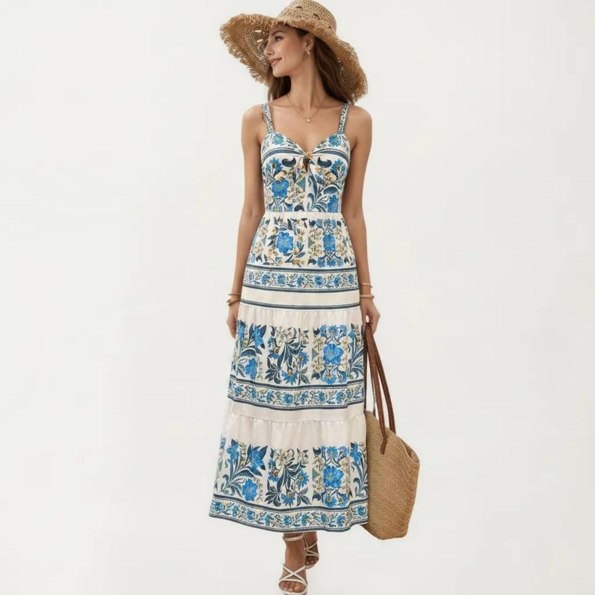 Anna-Kaci Women's Sleeveless Maxi Dress with Adjustable Straps Tiered Skirt Printed Design Flowy Fit