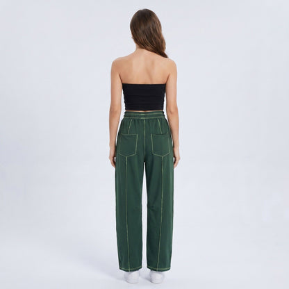 Anna-Kaci Women's High Rise Drawstring Wide Leg Utility Pants with Patch Pockets