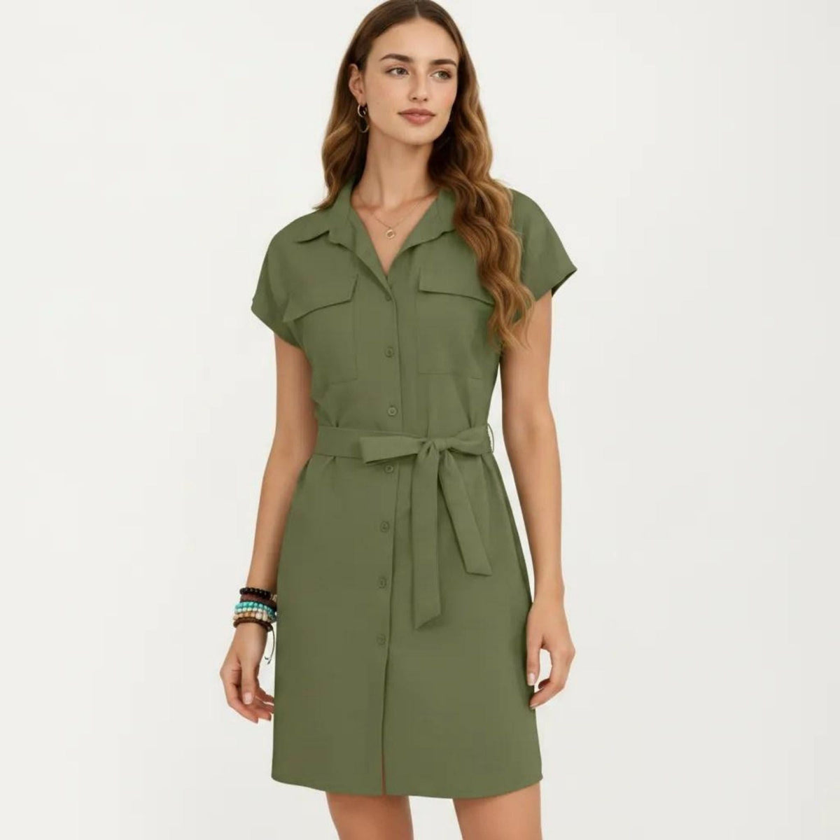 Anna-Kaci Women's Short Sleeve Button Front Shirt Dress with Collared Neckline and Adjustable Waist Tie