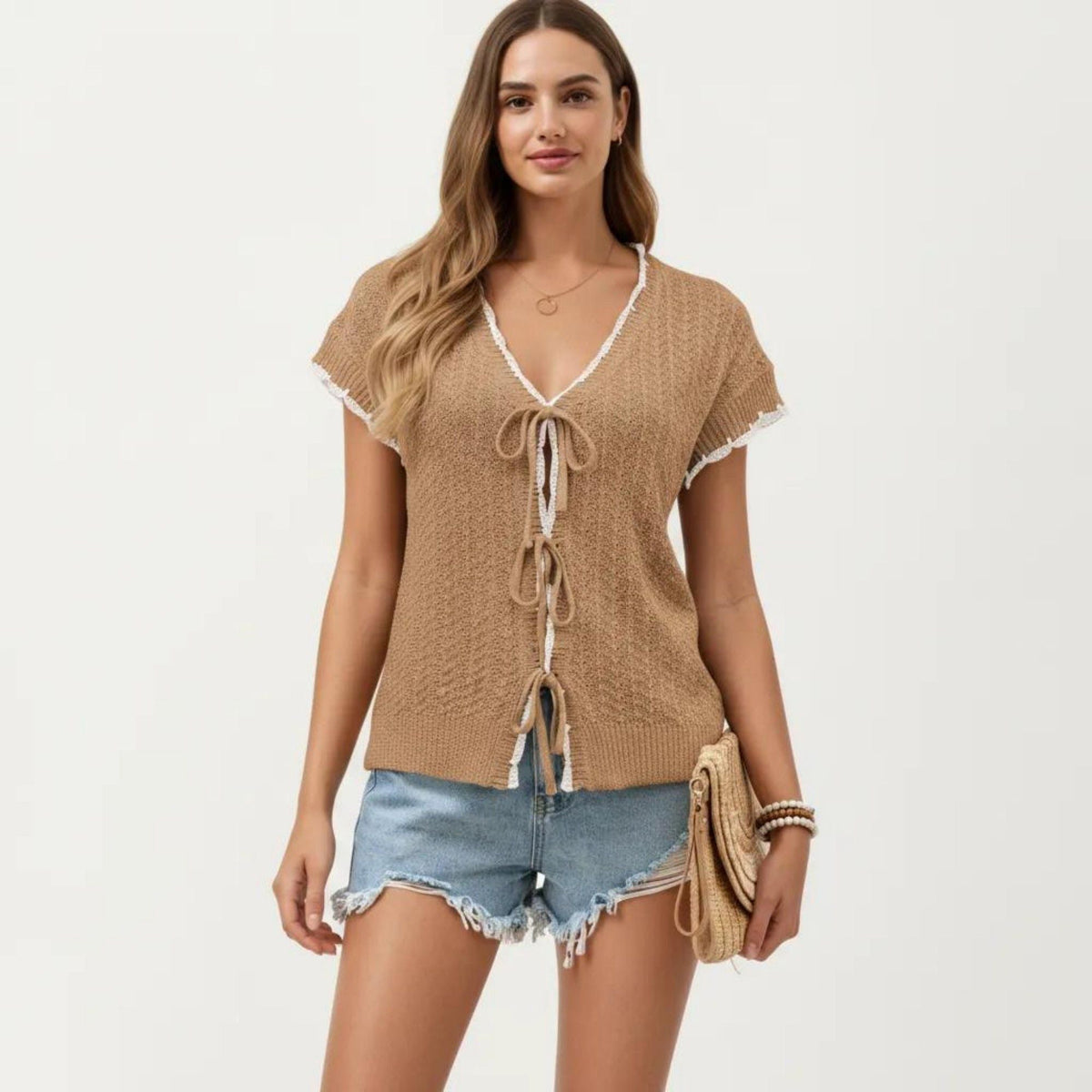 Anna-Kaci Women's Short Sleeve Knit Cardigan Top with V-Neck Tie Front and Contrast Trim