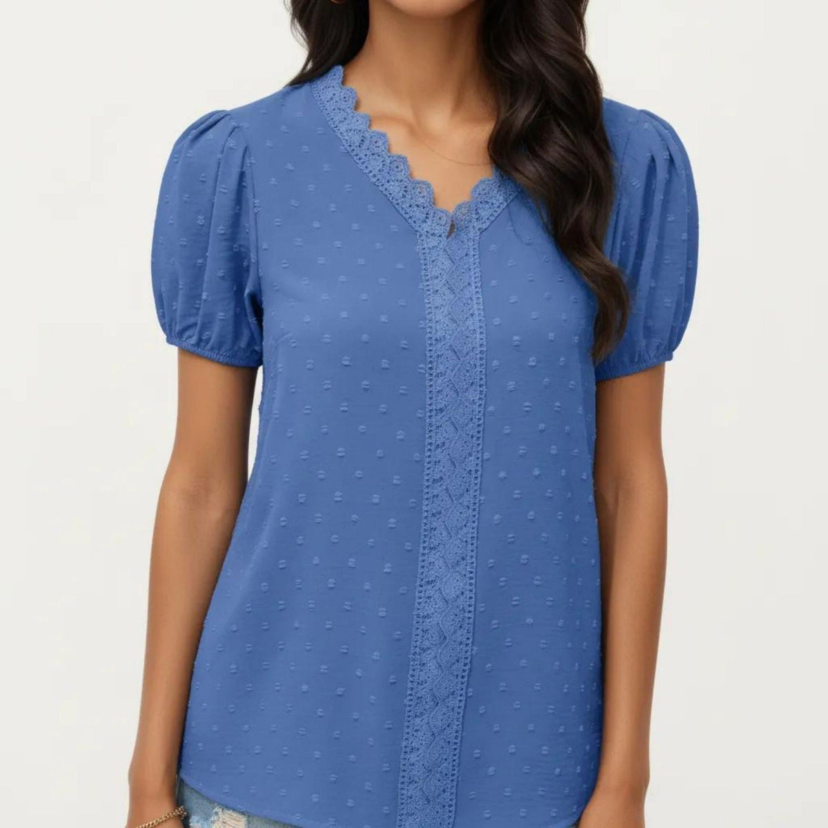 Anna-Kaci Women's Short Sleeve Swiss Dot Top with Lace Trim V-Neck and Puff Sleeves