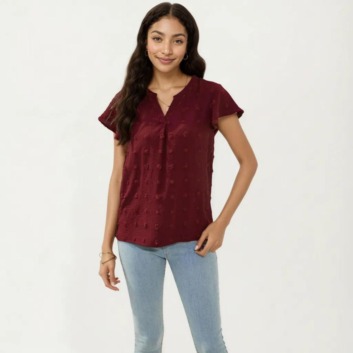 Anna-Kaci Women's Short Sleeve Swiss Dot Top with Split Neckline and Soft Textured Fabric