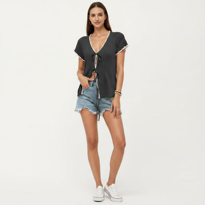 Anna-Kaci Women's Short Sleeve Knit Cardigan Top with V-Neck Tie Front and Contrast Trim