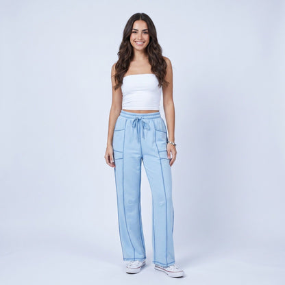 Anna-Kaci Women's High Rise Drawstring Wide Leg Utility Pants with Patch Pockets