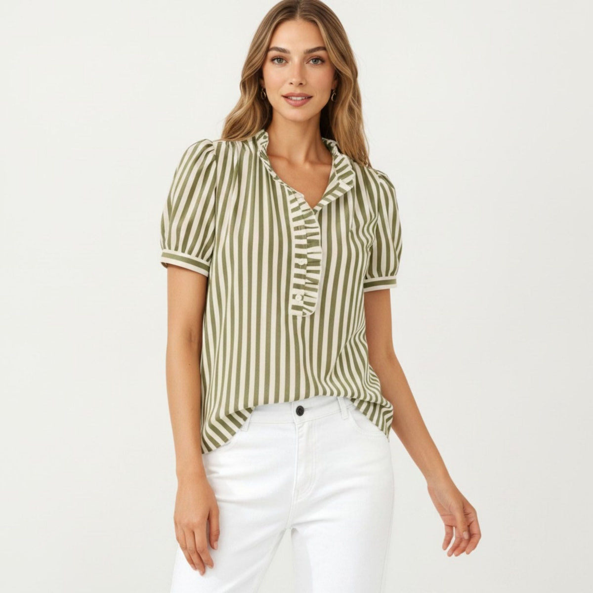 Anna-Kaci Women's Short Sleeve Striped Blouse with Ruffle Trim V Neck Puff Sleeve Lightweight Pullover Shirt