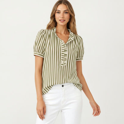 Anna-Kaci Women's Short Sleeve Striped Blouse with Ruffle Trim V Neck Puff Sleeve Lightweight Pullover Shirt
