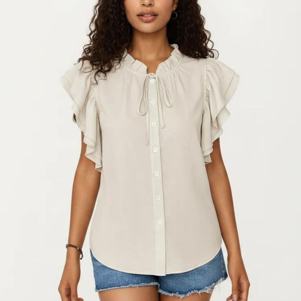 Anna-Kaci Women's Ruffle Flutter Sleeve Button Down Blouse with Tie Neck