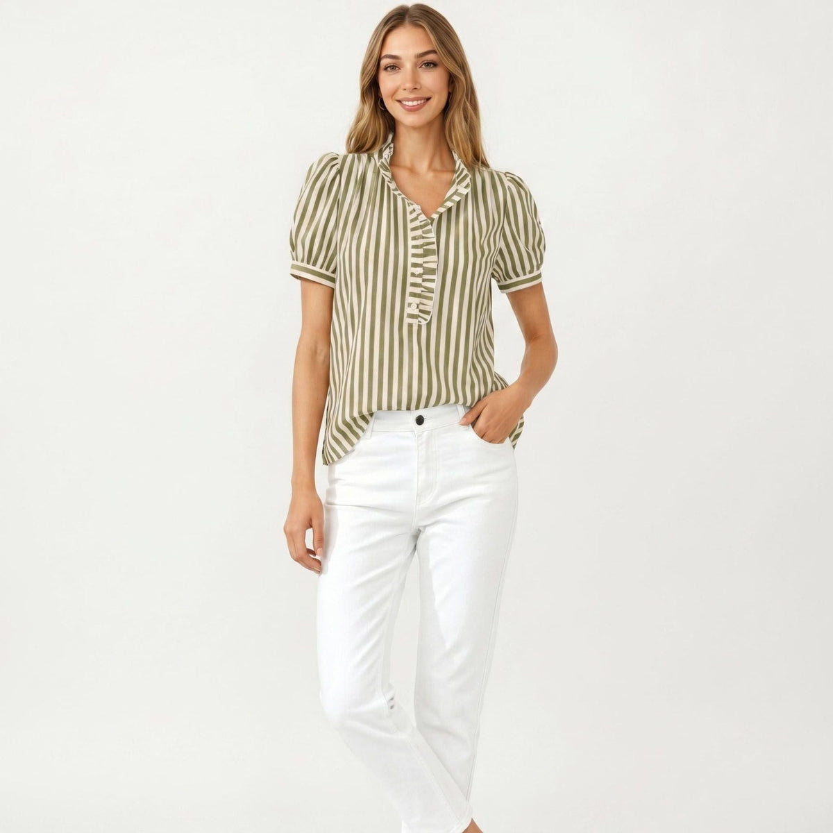 Anna-Kaci Women's Short Sleeve Striped Blouse with Ruffle Trim V Neck Puff Sleeve Lightweight Pullover Shirt