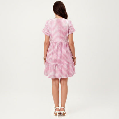 Anna-Kaci Women's Short Sleeve V Neck Plaid Mini Dress with Tiered Hem Loose Fit Casual Lightweight Summer Dress