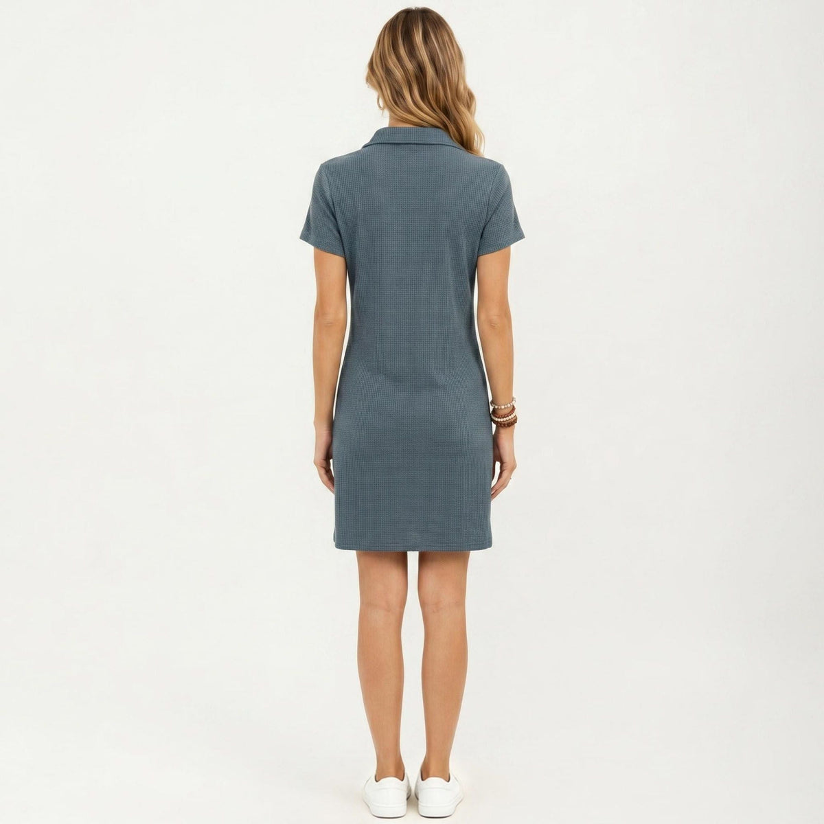 Anna-Kaci Women's Short Sleeve Collared Mini Dress with Split V Neck Textured Knit Relaxed Fit Casual Dress