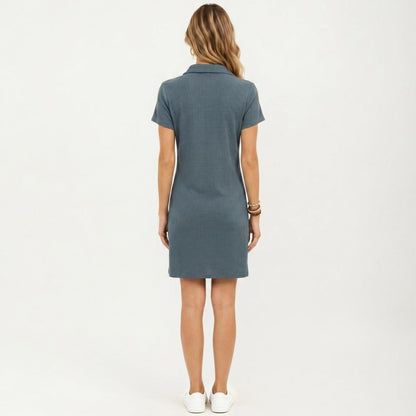 Anna-Kaci Women's Short Sleeve Collared Mini Dress with Split V Neck Textured Knit Relaxed Fit Casual Dress