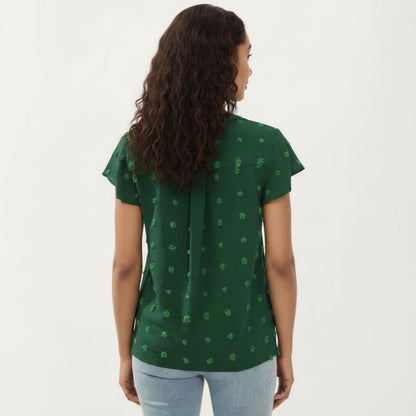 Anna-Kaci Women's Short Sleeve Swiss Dot Top with Split Neckline and Soft Textured Fabric
