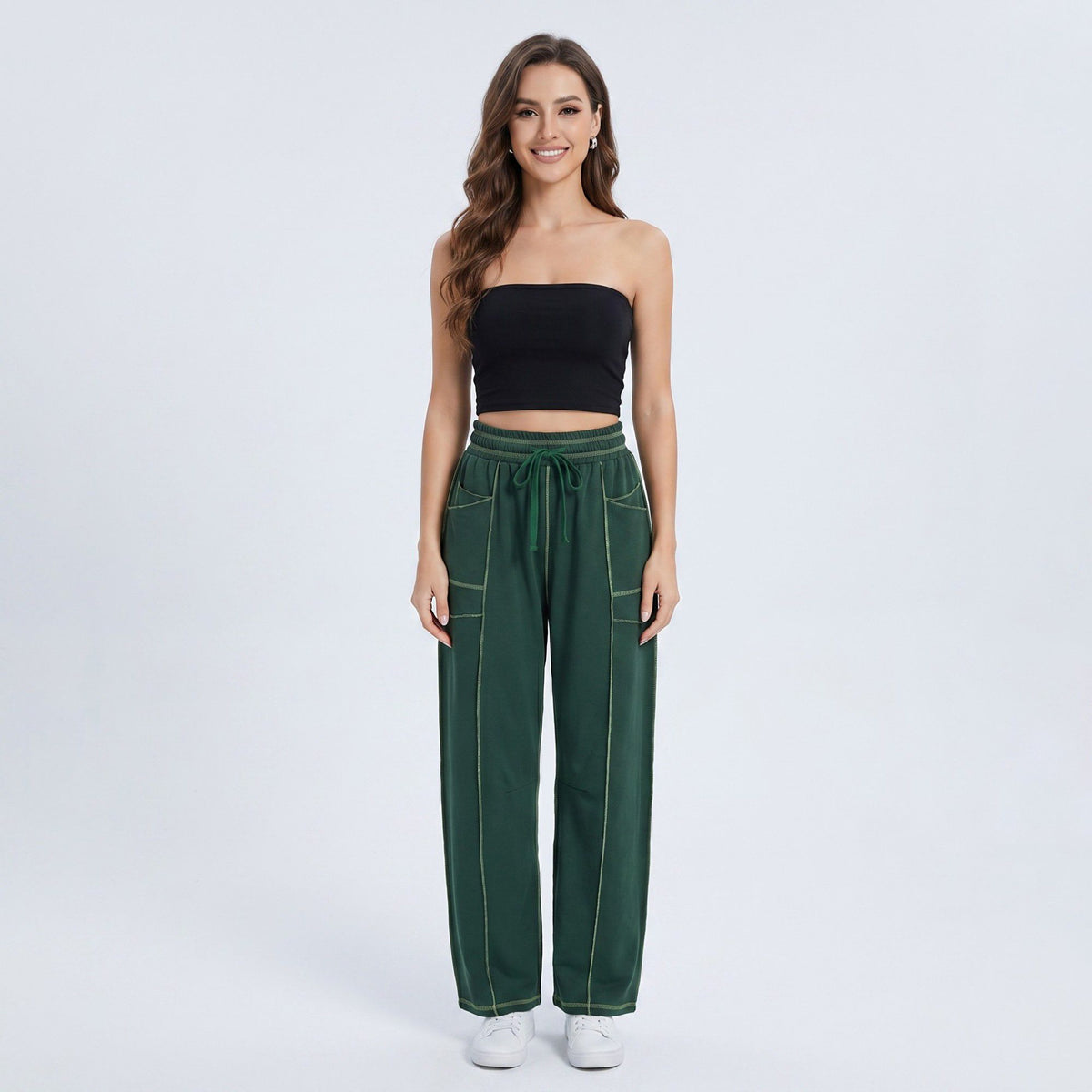 Anna-Kaci Women's High Rise Drawstring Wide Leg Utility Pants with Patch Pockets