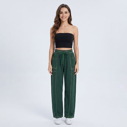 Anna-Kaci Women's High Rise Drawstring Wide Leg Utility Pants with Patch Pockets